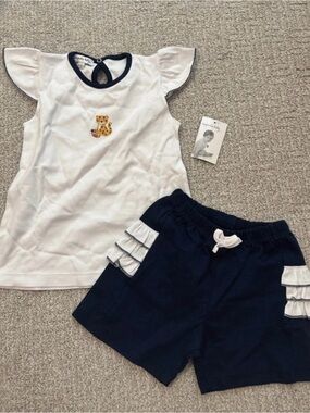 White & Navy Girls Short Set with Kitty Embroidery